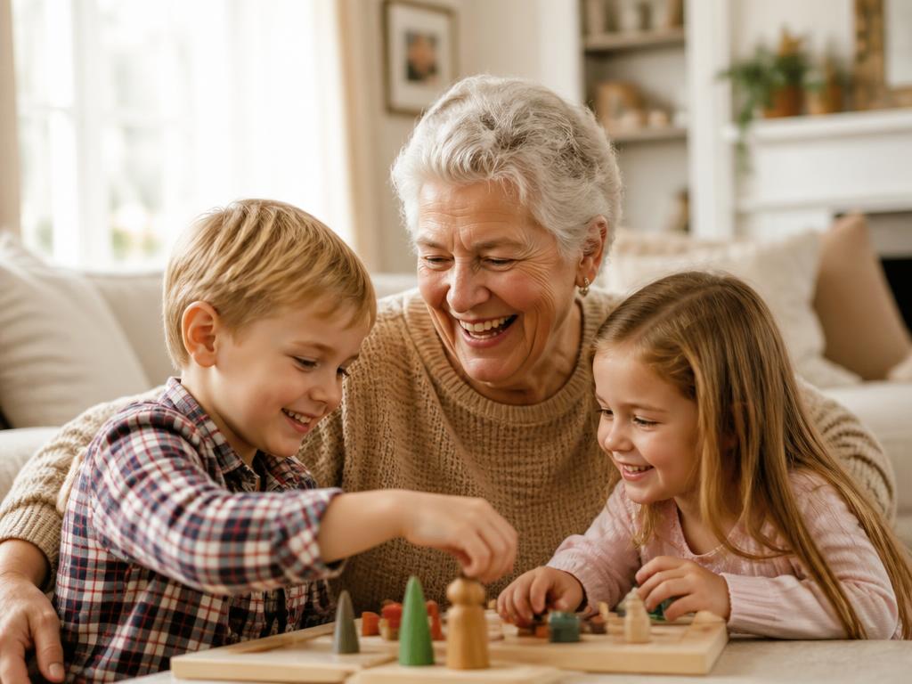 Grandmother laughing while playing a board game with grandchildren