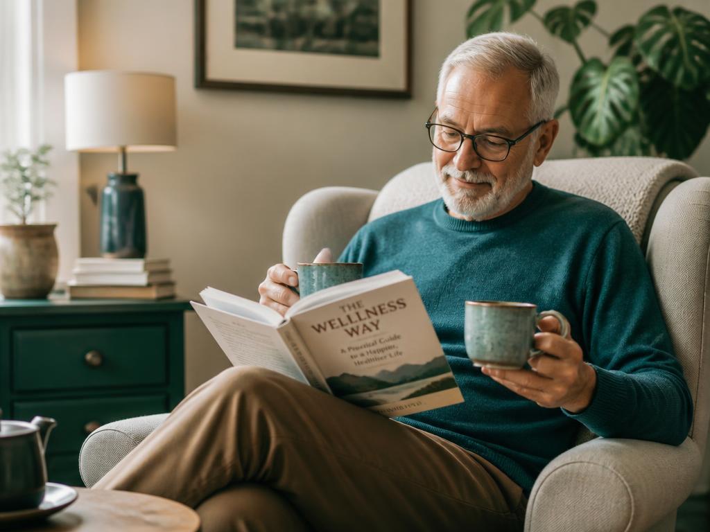 Man relaxing in an armchair reading a wellness book with tea