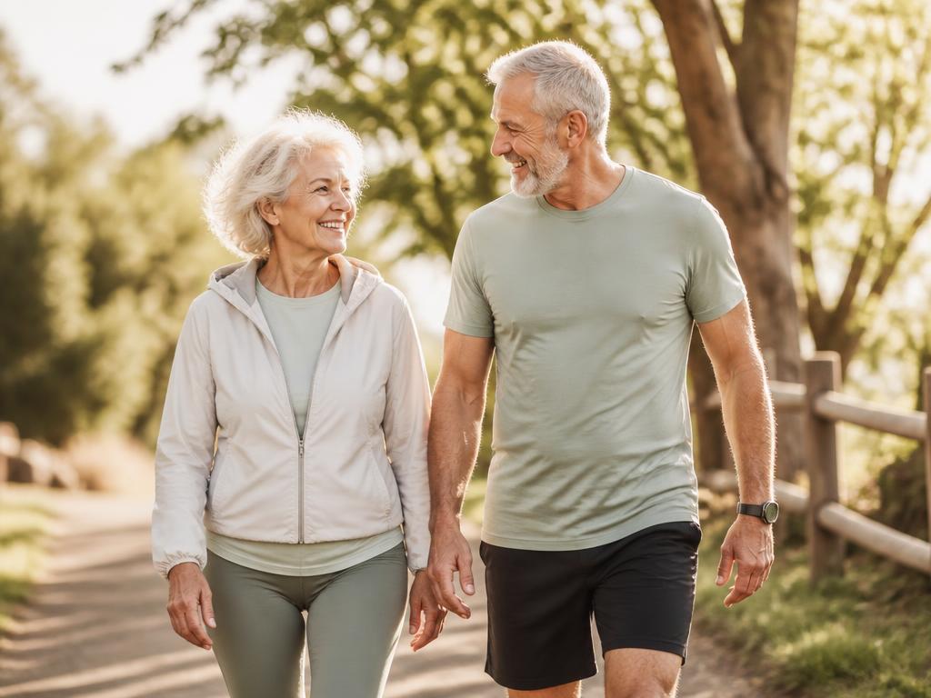 Couple in their sixties walking together outdoors in morning light